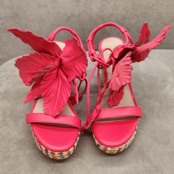 Cecelia Wedge Sandals 8 Pink Lilly Chunky Flower Leather Woven Strappy New $180 - Picture 5 of 13